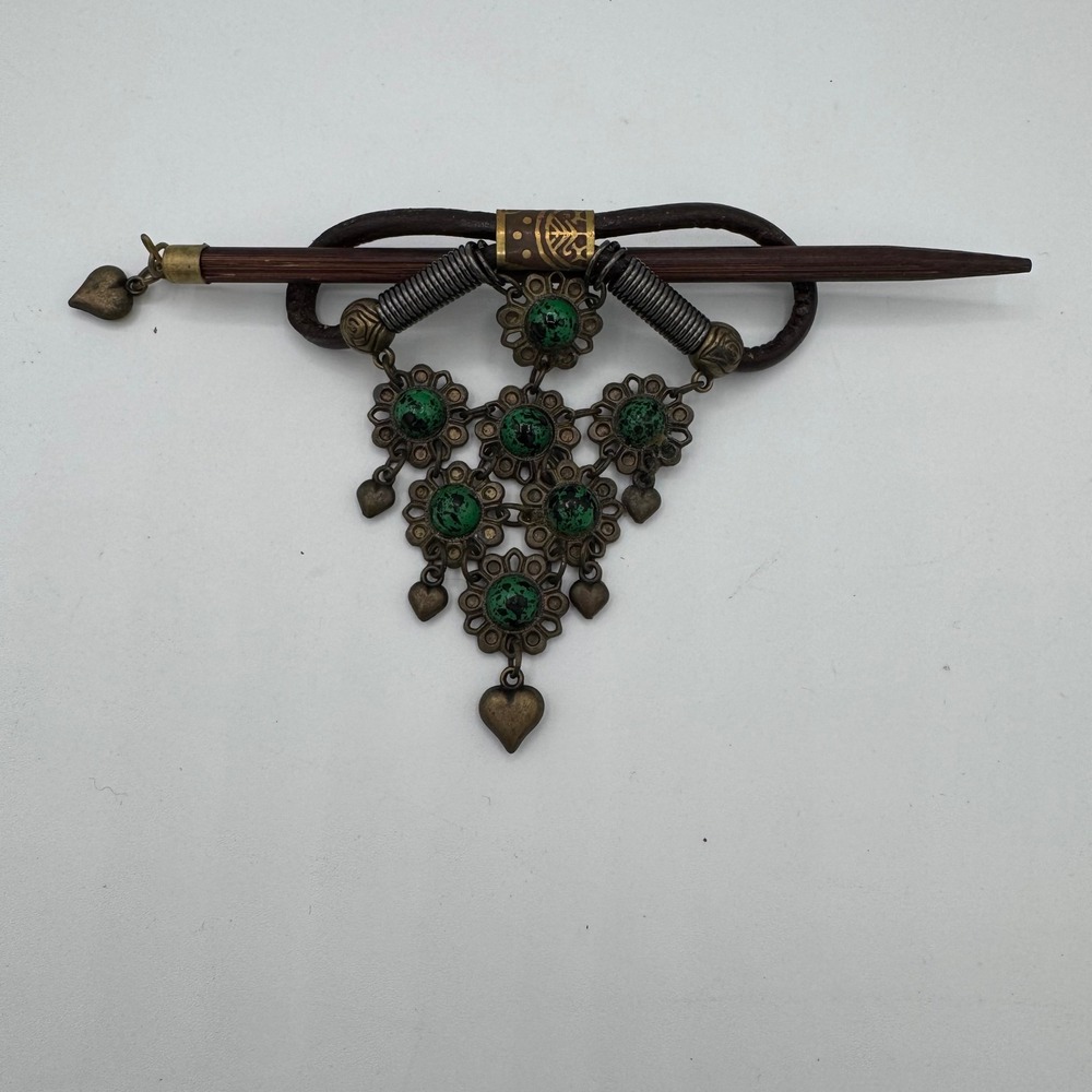 Vintage Boho Brass Green Stone Hair Slide Leather Wood Stick Heart Dangle Bib